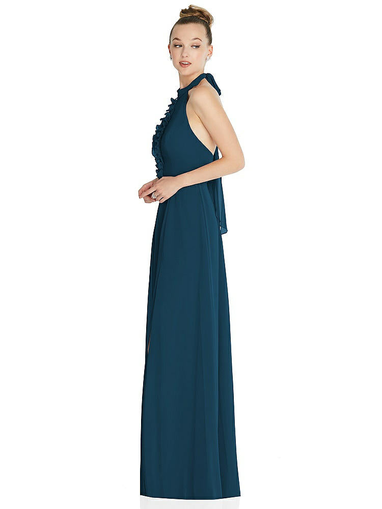 【STYLE: 6865】Halter Backless Maxi Dress with Crystal Button Ruffle Placket【COLOR: Atlantic Blue】
