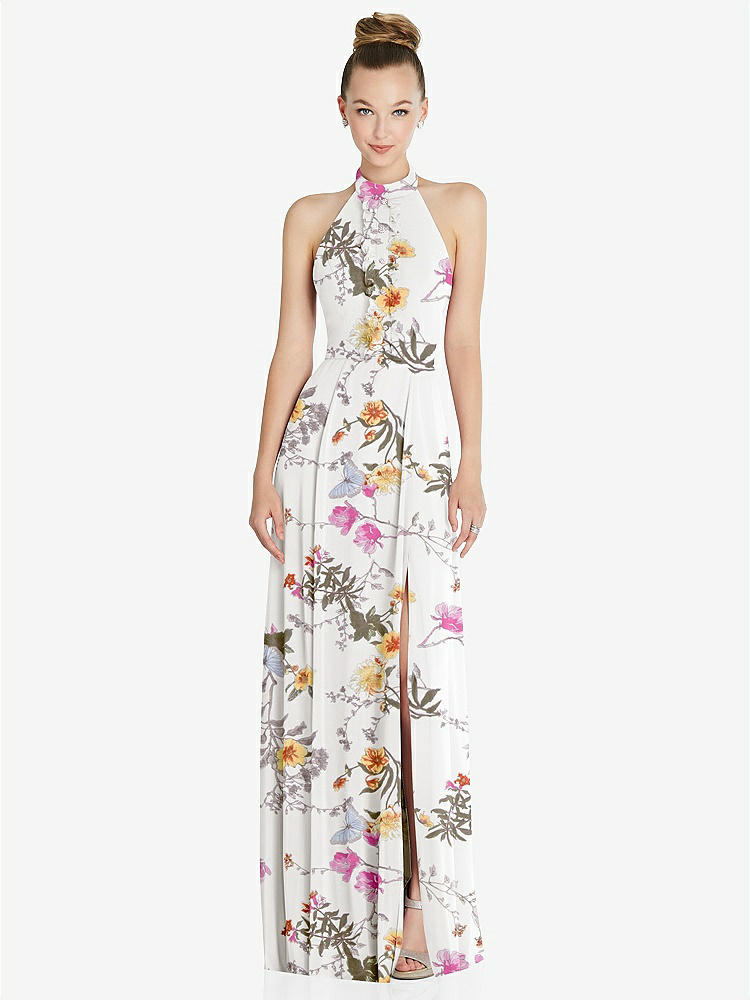 【STYLE: 6865】Halter Backless Maxi Dress with Crystal Button Ruffle Placket【COLOR: Butterfly Botanica Ivory】