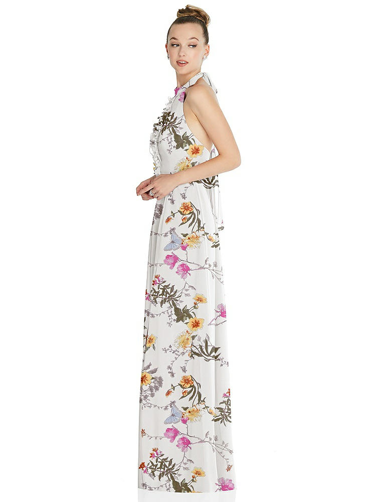 【STYLE: 6865】Halter Backless Maxi Dress with Crystal Button Ruffle Placket【COLOR: Butterfly Botanica Ivory】