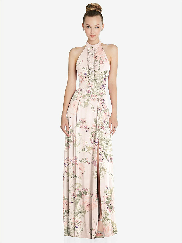 【NEW】【STYLE: 6865】ホルター バックレス マキシ ドレス クリスタル ボタン フリル プラケット【COLOR: Blush Garden】【SIZE: 00-30W】