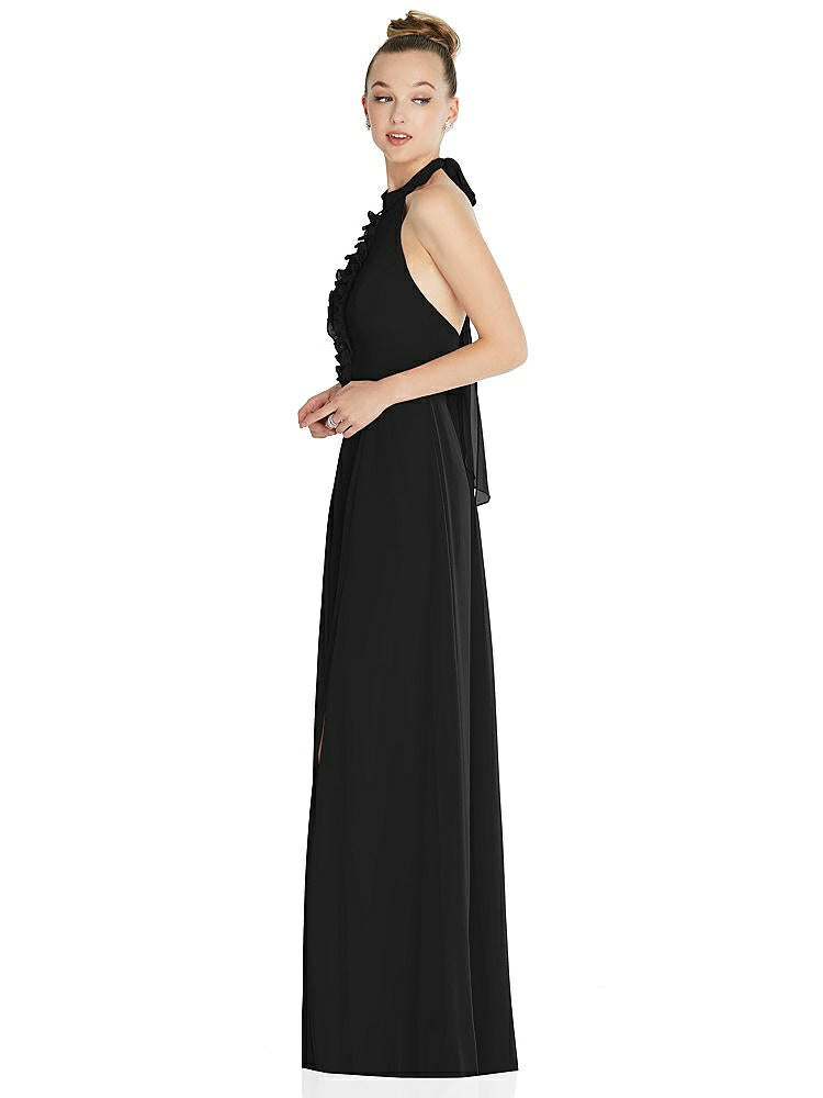 【NEW】【STYLE: 6865】ホルター バックレス マキシ ドレス クリスタル ボタン フリル プラケット【COLOR: Black】【SIZE: 00-30W】