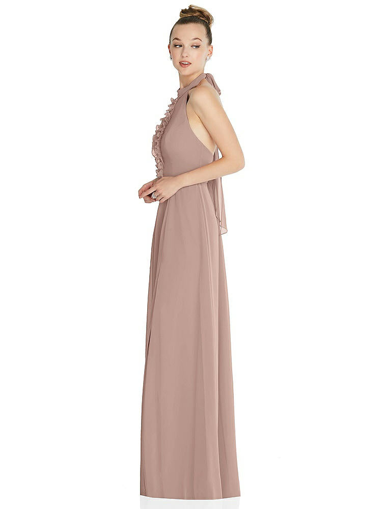 【STYLE: 6865】Halter Backless Maxi Dress with Crystal Button Ruffle Placket【COLOR: Bliss】