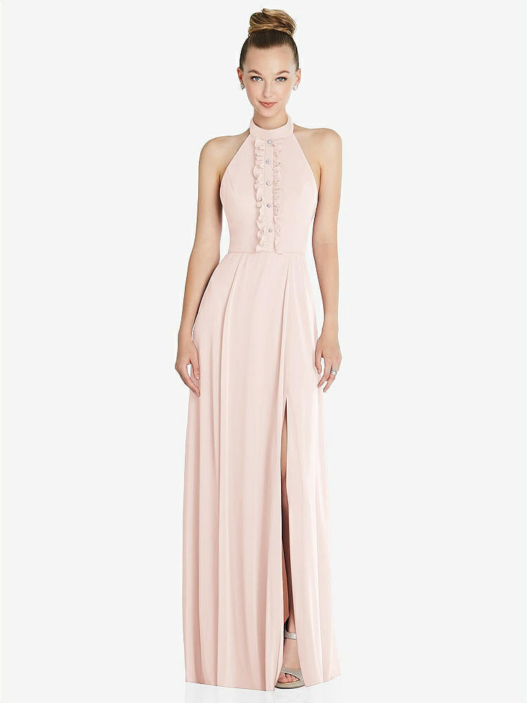 【STYLE: 6865】Halter Backless Maxi Dress with Crystal Button Ruffle Placket【COLOR: Blush】