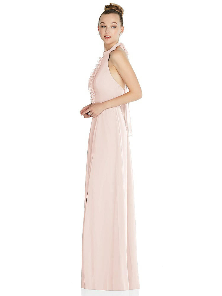 【STYLE: 6865】Halter Backless Maxi Dress with Crystal Button Ruffle Placket【COLOR: Blush】