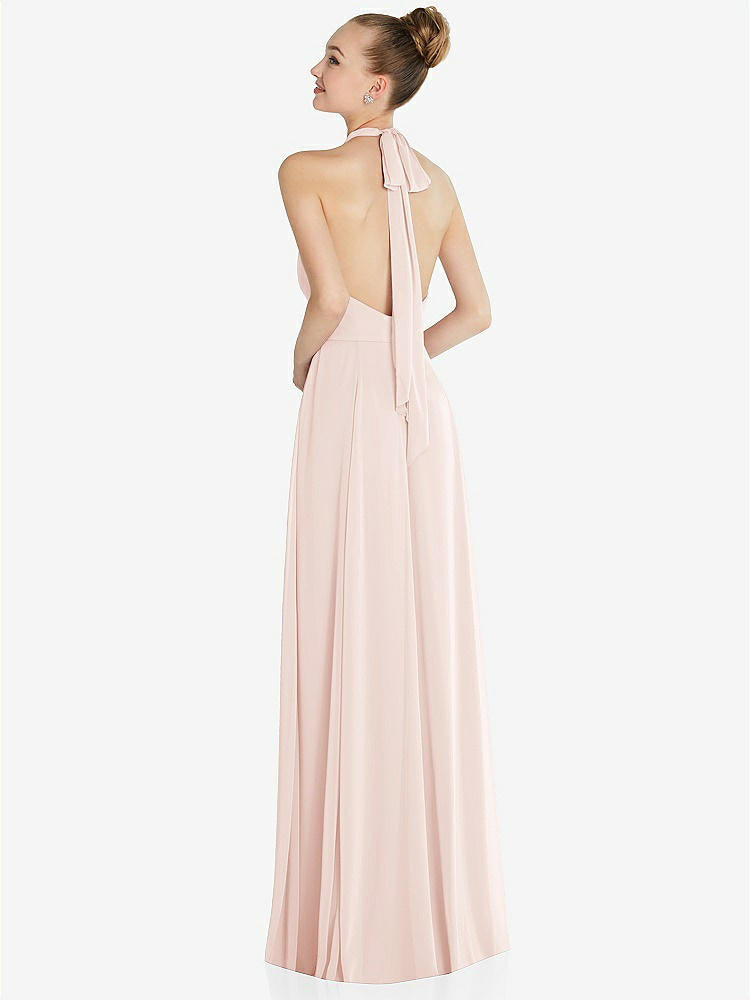 【STYLE: 6865】Halter Backless Maxi Dress with Crystal Button Ruffle Placket【COLOR: Blush】