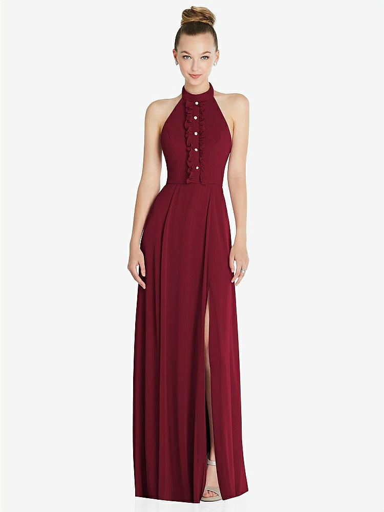 【STYLE: 6865】Halter Backless Maxi Dress with Crystal Button Ruffle Placket【COLOR: Burgundy】