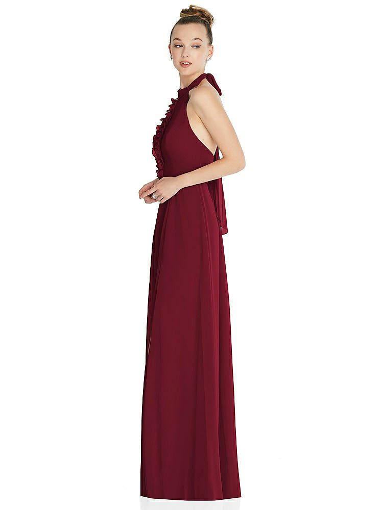 【STYLE: 6865】Halter Backless Maxi Dress with Crystal Button Ruffle Placket【COLOR: Burgundy】