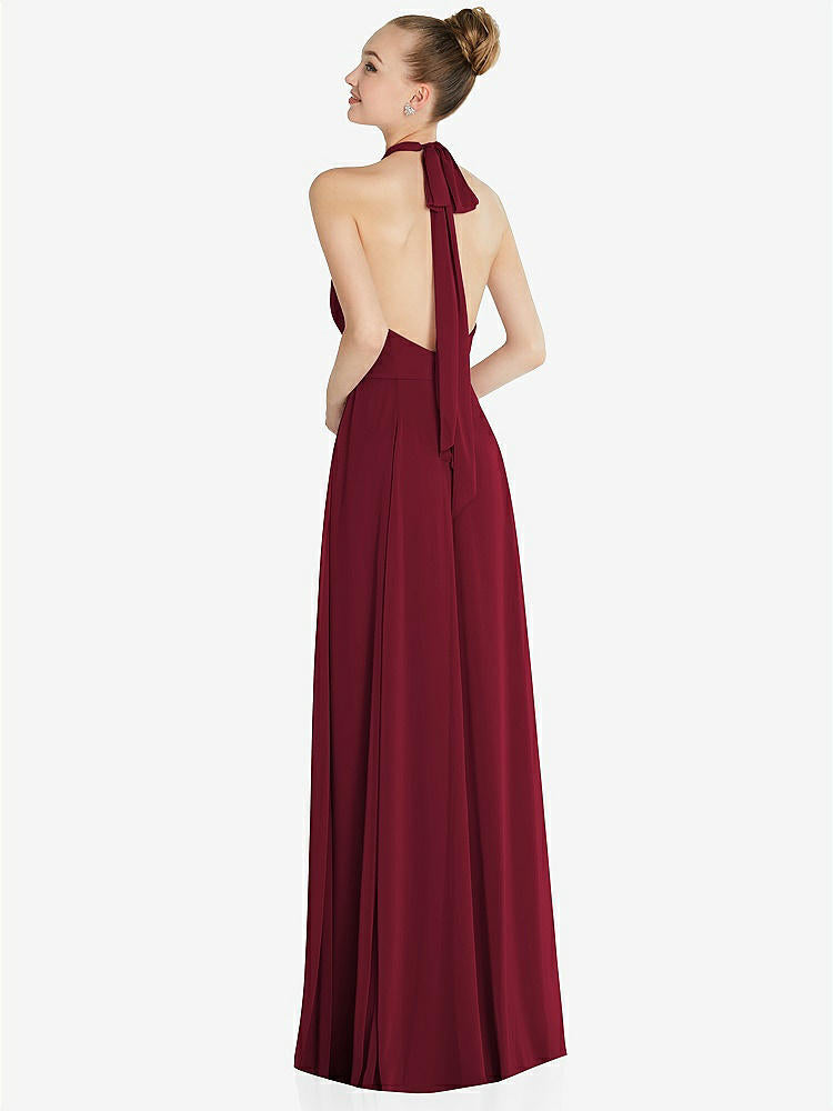 【STYLE: 6865】Halter Backless Maxi Dress with Crystal Button Ruffle Placket【COLOR: Burgundy】