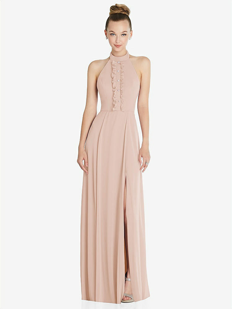 【STYLE: 6865】Halter Backless Maxi Dress with Crystal Button Ruffle Placket【COLOR: Cameo】