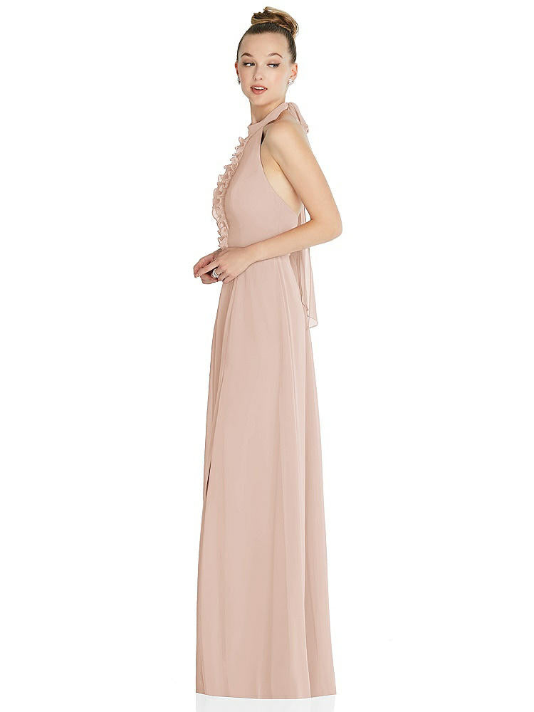 【STYLE: 6865】Halter Backless Maxi Dress with Crystal Button Ruffle Placket【COLOR: Cameo】
