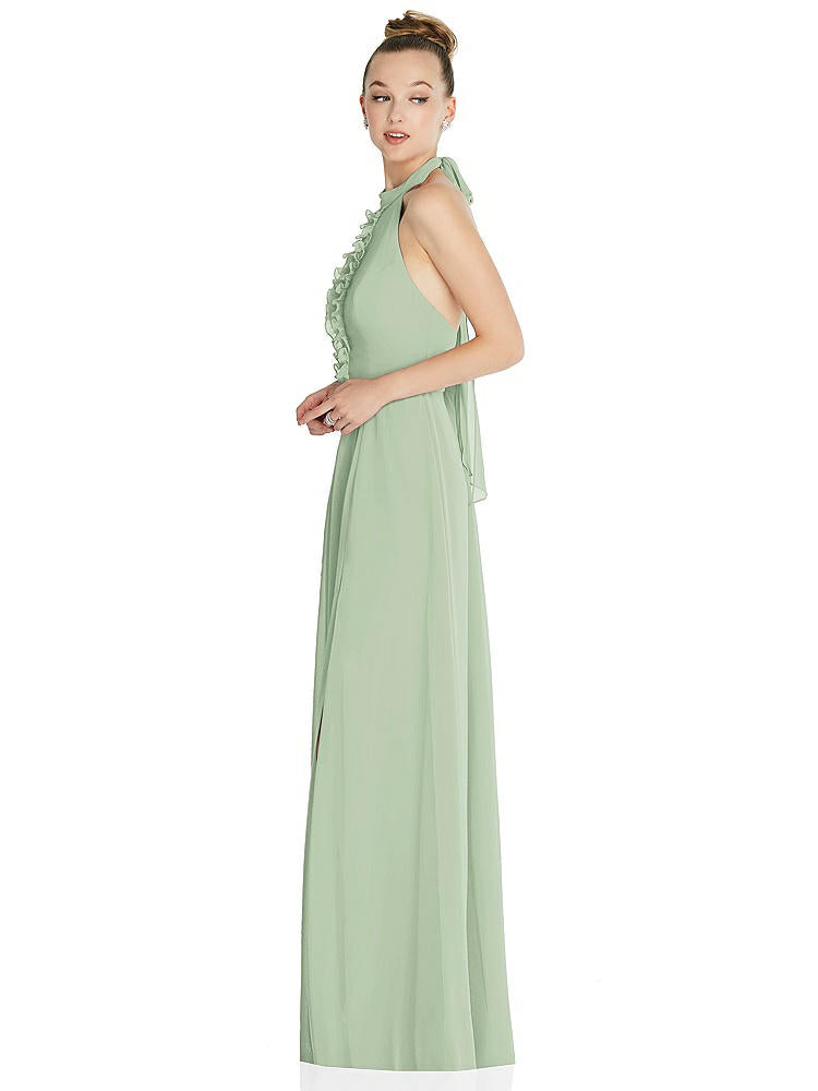 【STYLE: 6865】Halter Backless Maxi Dress with Crystal Button Ruffle Placket【COLOR: Celadon】