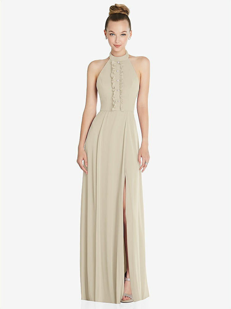 【STYLE: 6865】Halter Backless Maxi Dress with Crystal Button Ruffle Placket【COLOR: Champagne】