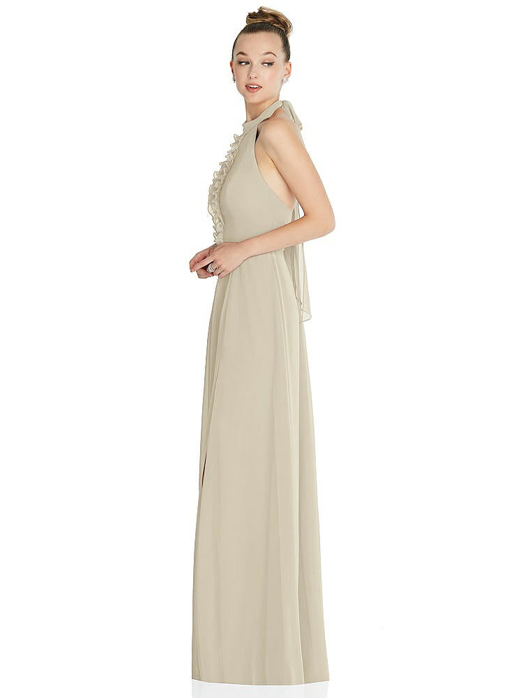 【STYLE: 6865】Halter Backless Maxi Dress with Crystal Button Ruffle Placket【COLOR: Champagne】