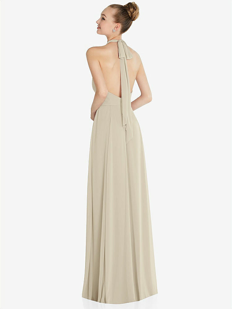 【STYLE: 6865】Halter Backless Maxi Dress with Crystal Button Ruffle Placket【COLOR: Champagne】