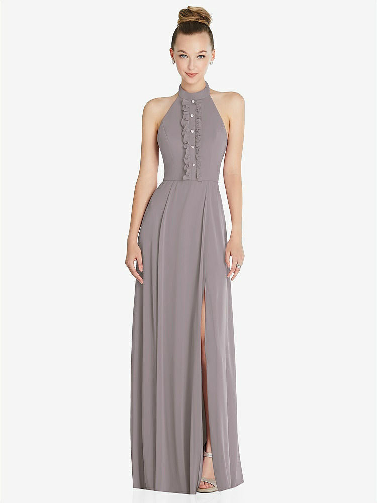 【NEW】【STYLE: 6865】ホルター バックレス マキシ ドレス クリスタル ボタン フリル プラケット【COLOR: Cashmere Gray】【SIZE: 00-30W】