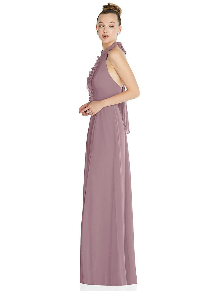 【NEW】【STYLE: 6865】ホルター バックレス マキシ ドレス クリスタル ボタン フリル プラケット【COLOR: Dusty Rose】【SIZE: 00-30W】