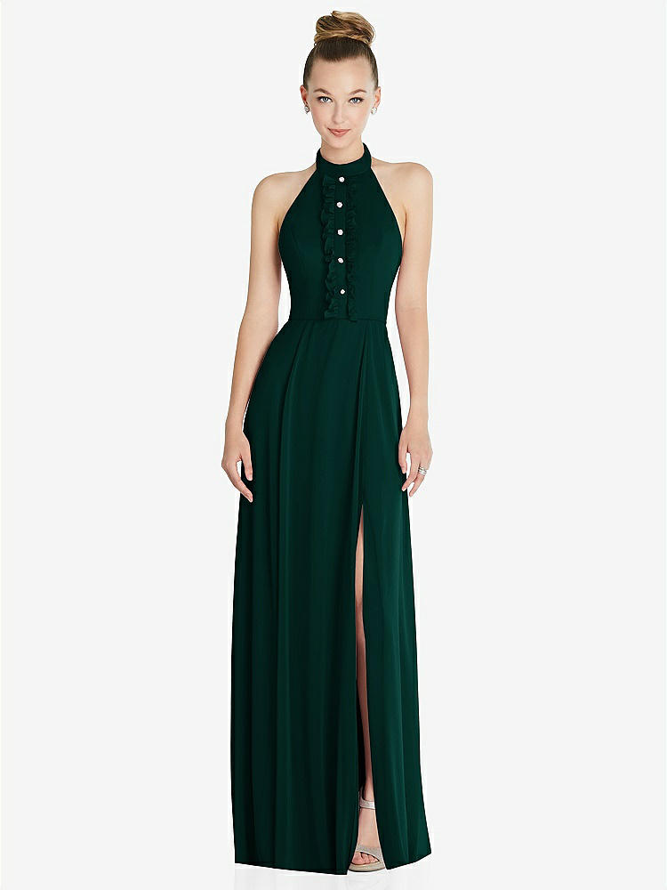 【STYLE: 6865】Halter Backless Maxi Dress with Crystal Button Ruffle Placket【COLOR: Evergreen】