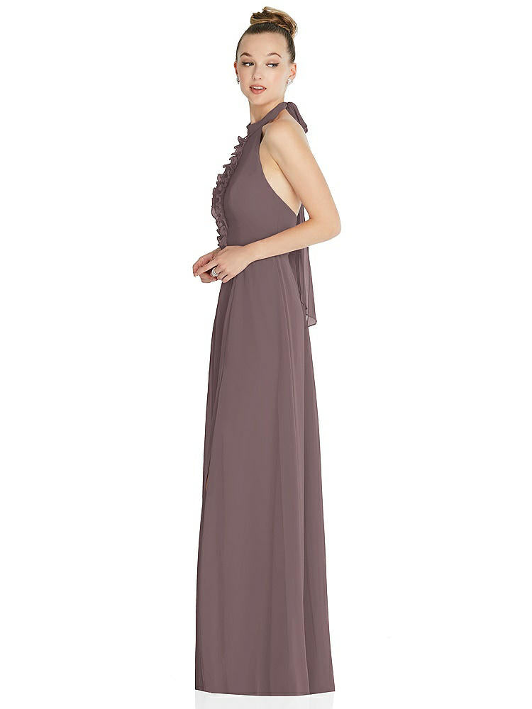 【STYLE: 6865】Halter Backless Maxi Dress with Crystal Button Ruffle Placket【COLOR: French Truffle】