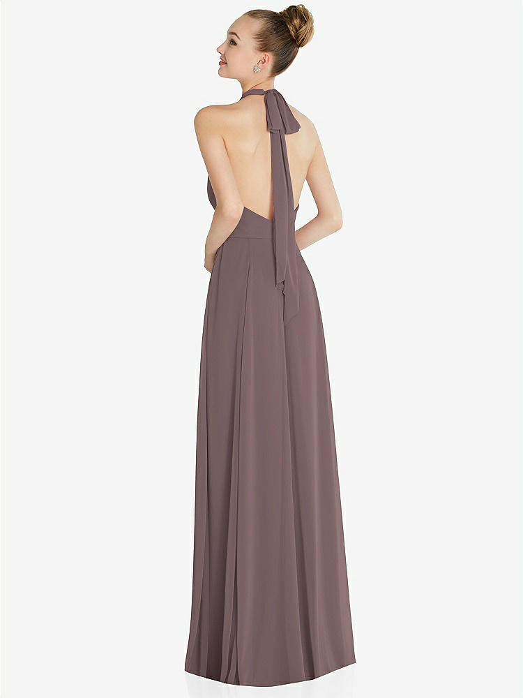 【STYLE: 6865】Halter Backless Maxi Dress with Crystal Button Ruffle Placket【COLOR: French Truffle】