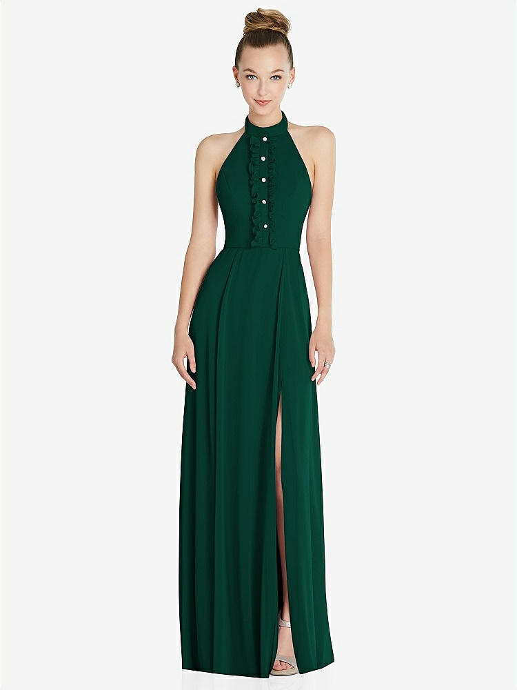 【STYLE: 6865】Halter Backless Maxi Dress with Crystal Button Ruffle Placket【COLOR: Hunter Green】