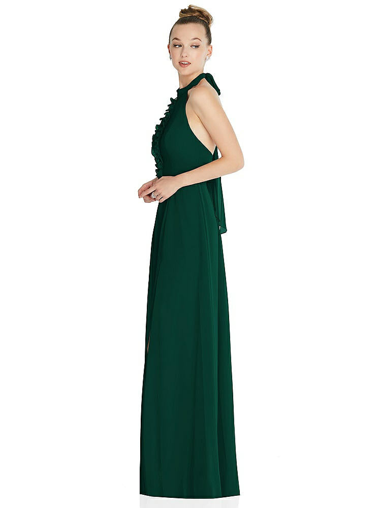 【STYLE: 6865】Halter Backless Maxi Dress with Crystal Button Ruffle Placket【COLOR: Hunter Green】
