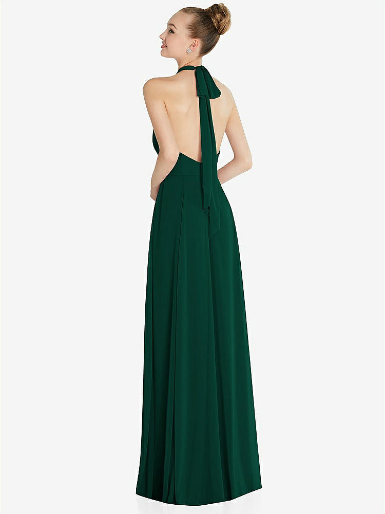 【STYLE: 6865】Halter Backless Maxi Dress with Crystal Button Ruffle Placket【COLOR: Hunter Green】