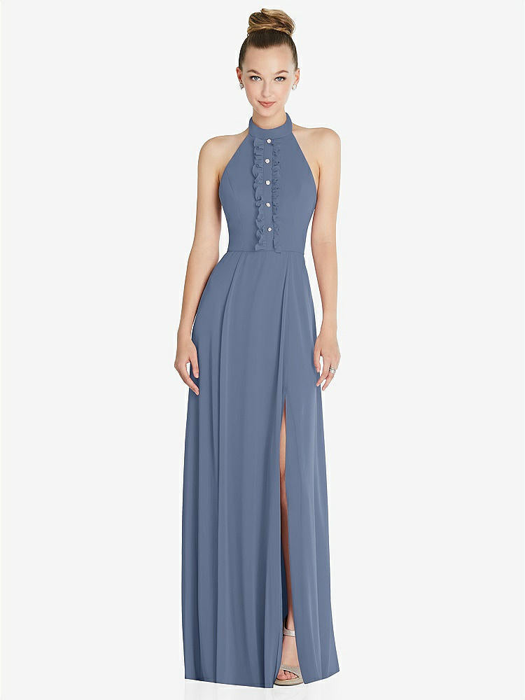 【STYLE: 6865】Halter Backless Maxi Dress with Crystal Button Ruffle Placket【COLOR: Larkspur Blue】
