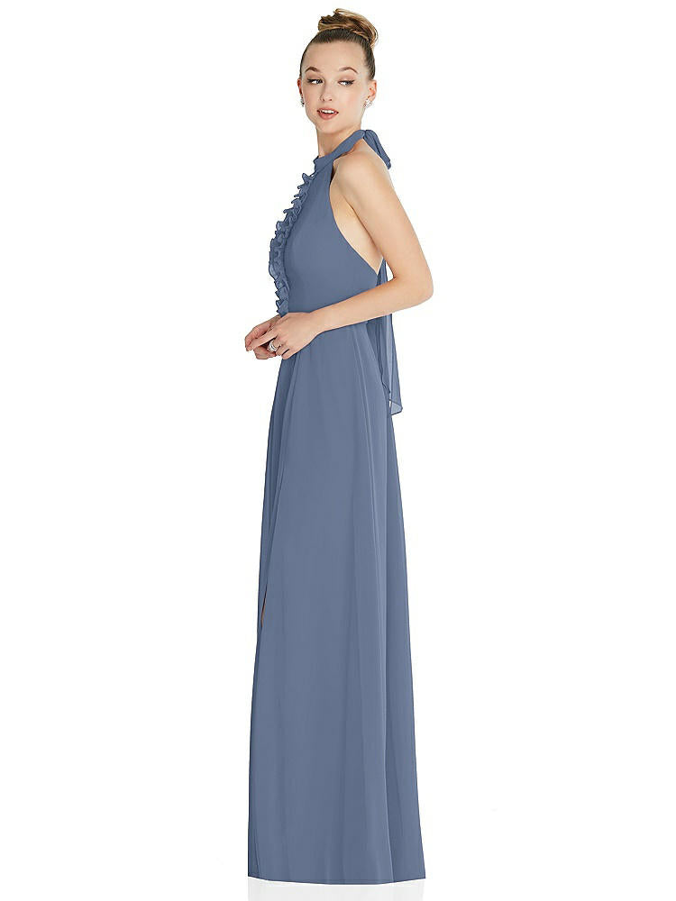 【STYLE: 6865】Halter Backless Maxi Dress with Crystal Button Ruffle Placket【COLOR: Larkspur Blue】