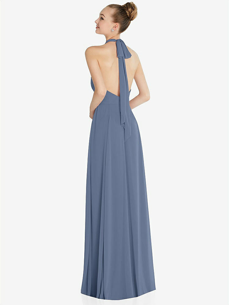 【STYLE: 6865】Halter Backless Maxi Dress with Crystal Button Ruffle Placket【COLOR: Larkspur Blue】