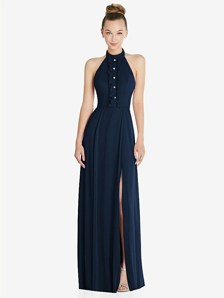 【STYLE: 6865】Halter Backless Maxi Dress with Crystal Button Ruffle Placket【COLOR: Midnight Navy】