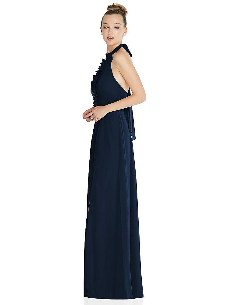 【STYLE: 6865】Halter Backless Maxi Dress with Crystal Button Ruffle Placket【COLOR: Midnight Navy】