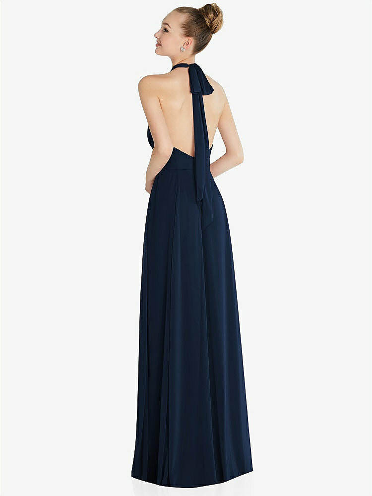 【STYLE: 6865】Halter Backless Maxi Dress with Crystal Button Ruffle Placket【COLOR: Midnight Navy】