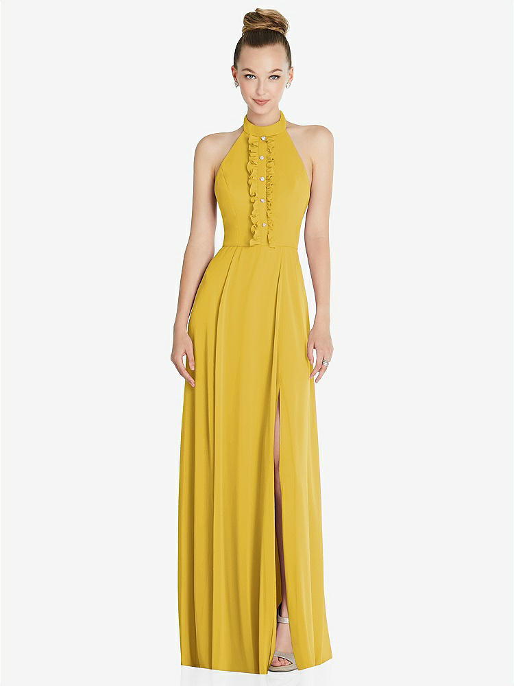 【STYLE: 6865】Halter Backless Maxi Dress with Crystal Button Ruffle Placket【COLOR: Marigold】