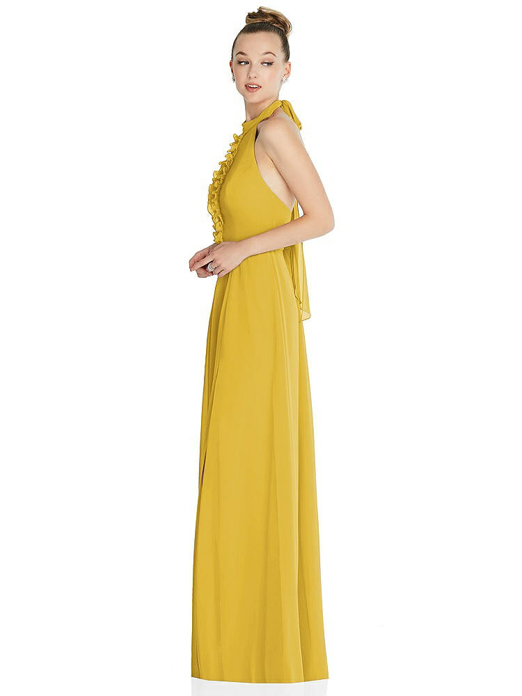【STYLE: 6865】Halter Backless Maxi Dress with Crystal Button Ruffle Placket【COLOR: Marigold】