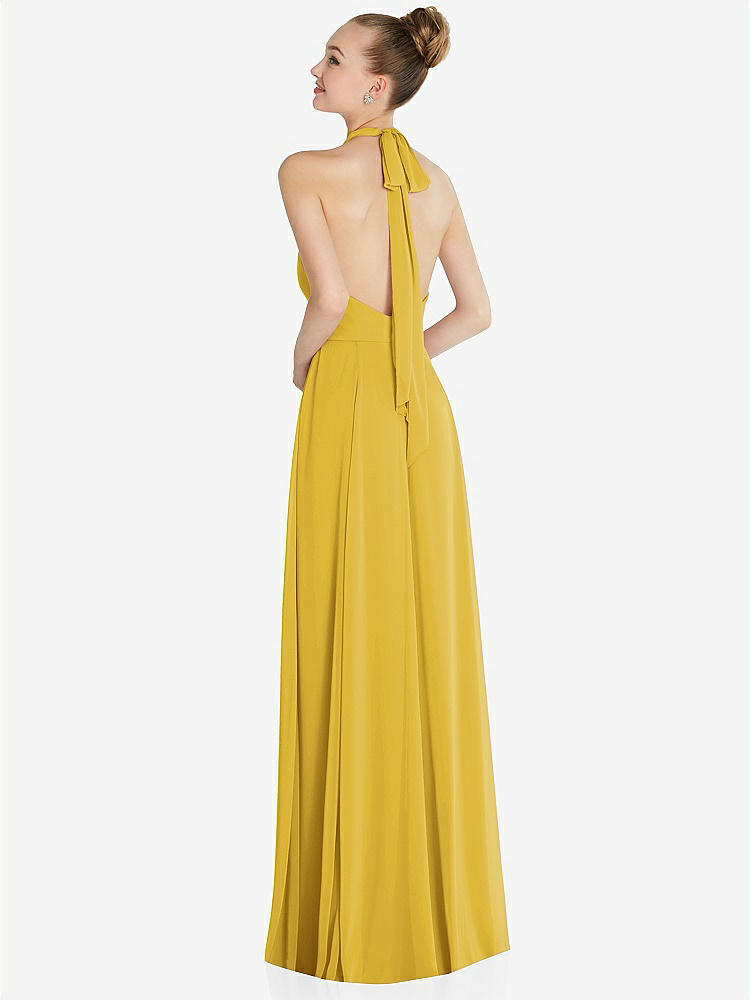【STYLE: 6865】Halter Backless Maxi Dress with Crystal Button Ruffle Placket【COLOR: Marigold】
