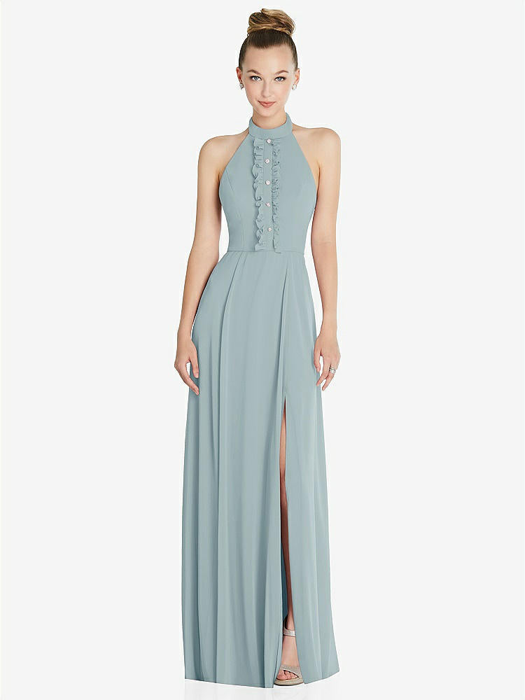 【STYLE: 6865】Halter Backless Maxi Dress with Crystal Button Ruffle Placket【COLOR: Morning Sky】