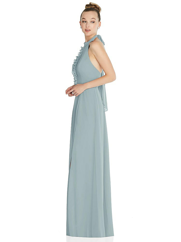 【STYLE: 6865】Halter Backless Maxi Dress with Crystal Button Ruffle Placket【COLOR: Morning Sky】