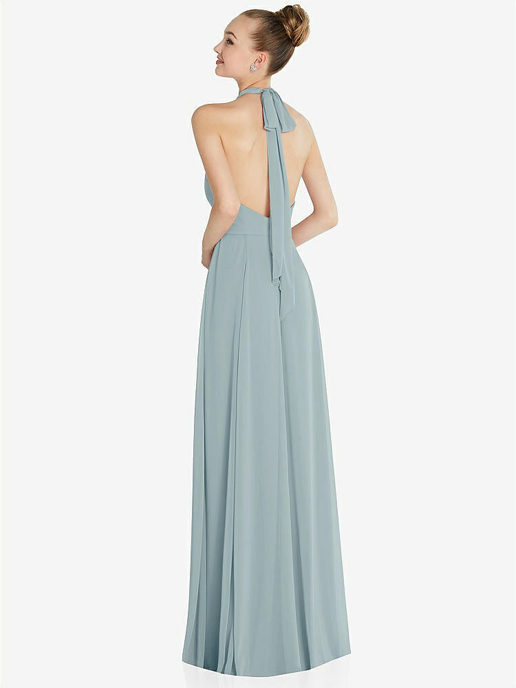 【STYLE: 6865】Halter Backless Maxi Dress with Crystal Button Ruffle Placket【COLOR: Morning Sky】