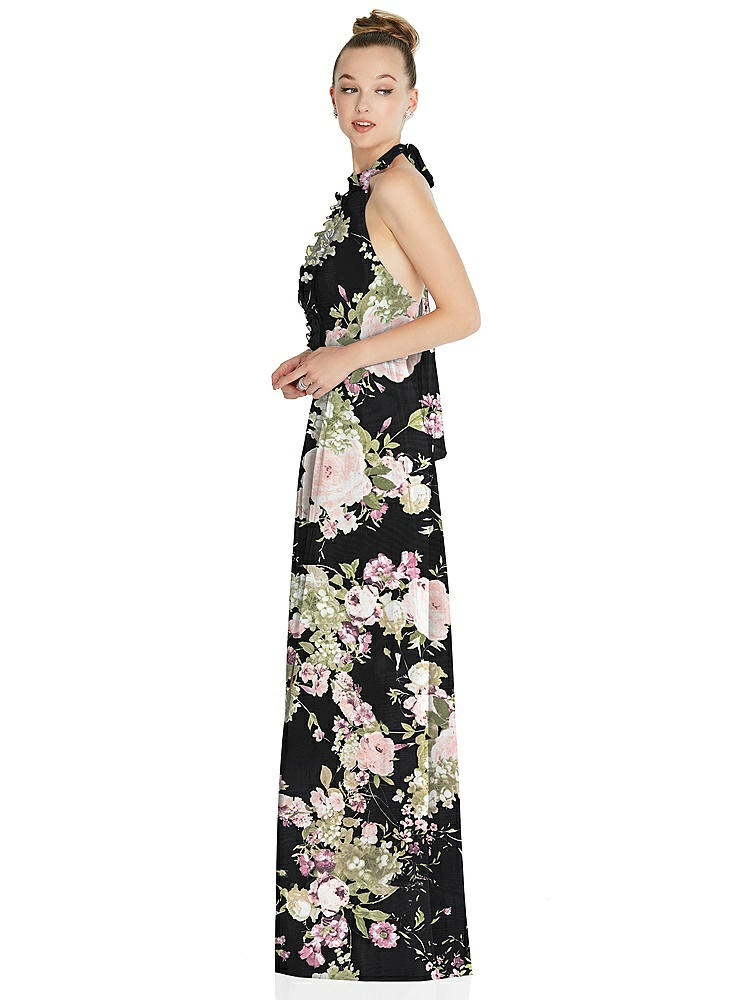 【STYLE: 6865】Halter Backless Maxi Dress with Crystal Button Ruffle Placket【COLOR: Noir Garden】