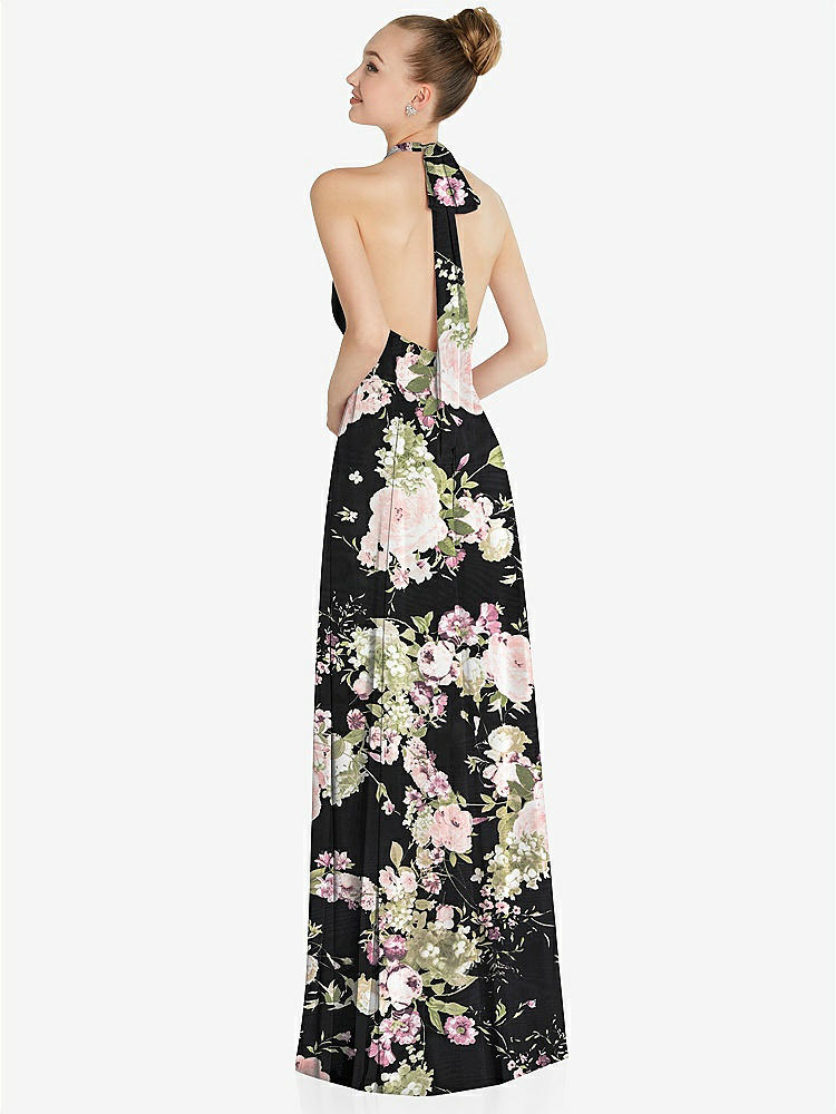 【STYLE: 6865】Halter Backless Maxi Dress with Crystal Button Ruffle Placket【COLOR: Noir Garden】