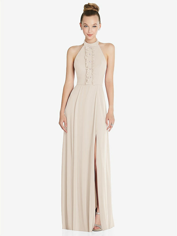 【STYLE: 6865】Halter Backless Maxi Dress with Crystal Button Ruffle Placket【COLOR: Oat】