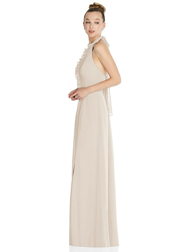 【STYLE: 6865】Halter Backless Maxi Dress with Crystal Button Ruffle Placket【COLOR: Oat】