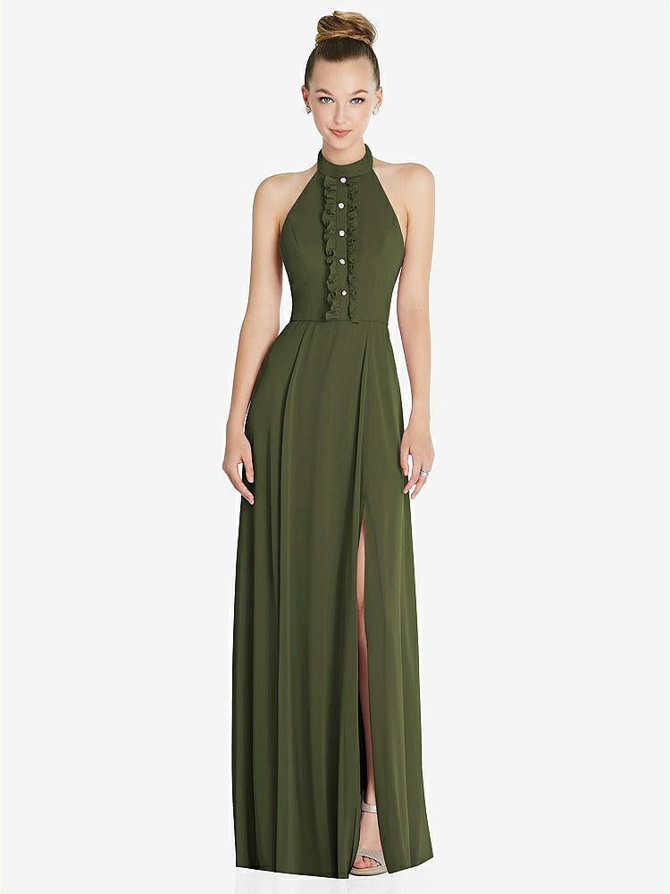 【STYLE: 6865】Halter Backless Maxi Dress with Crystal Button Ruffle Placket【COLOR: Olive Green】