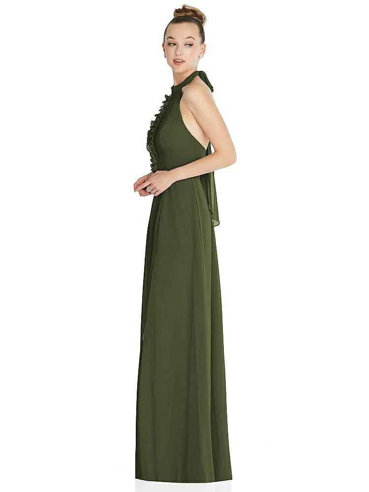 【STYLE: 6865】Halter Backless Maxi Dress with Crystal Button Ruffle Placket【COLOR: Olive Green】