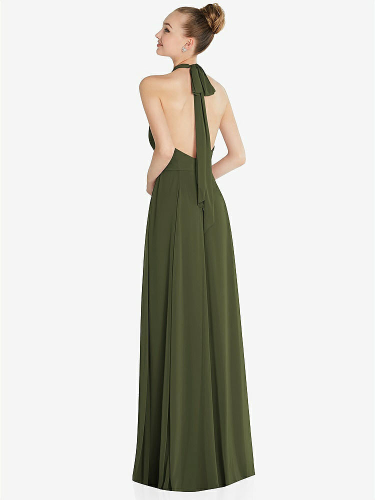 【STYLE: 6865】Halter Backless Maxi Dress with Crystal Button Ruffle Placket【COLOR: Olive Green】