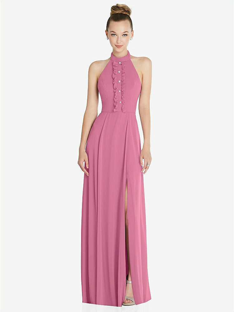 【STYLE: 6865】Halter Backless Maxi Dress with Crystal Button Ruffle Placket【COLOR: Orchid Pink】