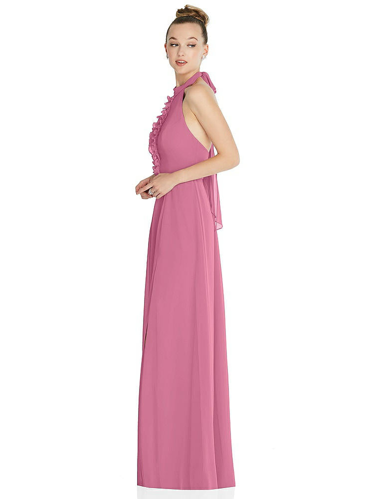 【STYLE: 6865】Halter Backless Maxi Dress with Crystal Button Ruffle Placket【COLOR: Orchid Pink】