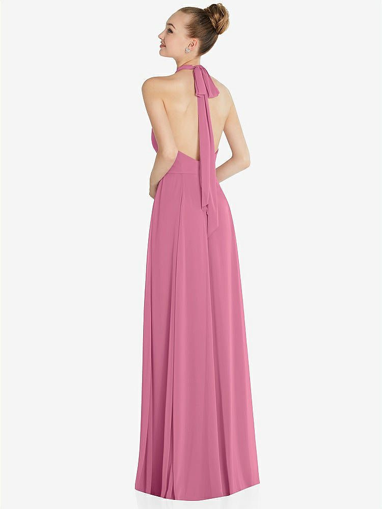 【STYLE: 6865】Halter Backless Maxi Dress with Crystal Button Ruffle Placket【COLOR: Orchid Pink】