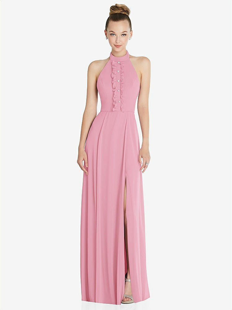 【STYLE: 6865】Halter Backless Maxi Dress with Crystal Button Ruffle Placket【COLOR: Peony Pink】