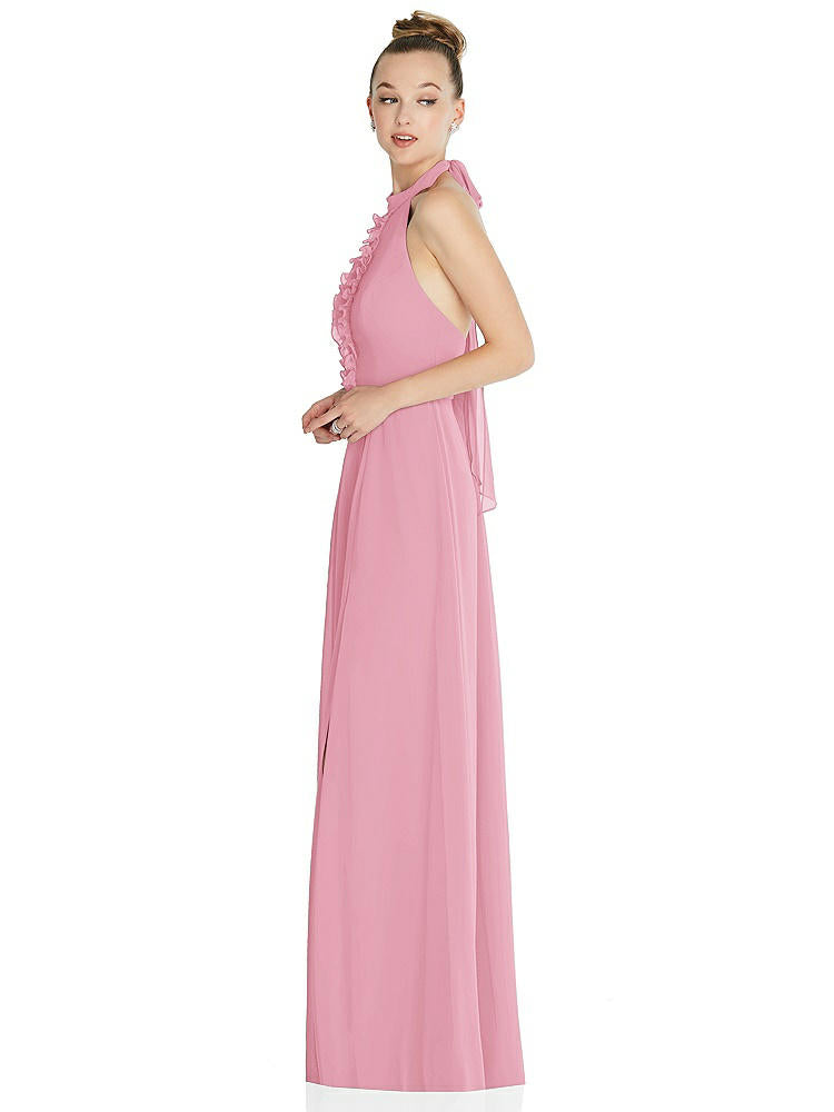 【STYLE: 6865】Halter Backless Maxi Dress with Crystal Button Ruffle Placket【COLOR: Peony Pink】